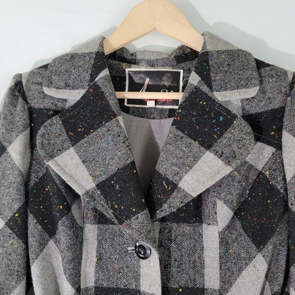 Women's Black/Gray Plaid Dress Coat Sz 11 Belted Cotton Blend Pocket Academia - Picture 2 of 11